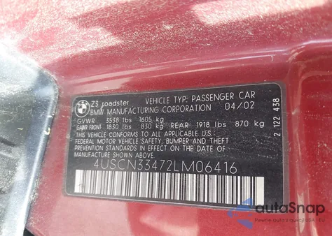 2002 BMW Z3 2.5I z USA, uszkodzony, nr VIN 4USCN33472LM06416